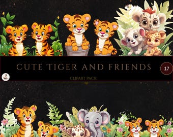 Tiny Tigers & Friends Clipart Bundle, Cute Baby Jungle Animals PNG, Safari Watercolor Clipart, Nursery Graphics, Commercial Use