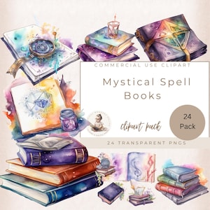 Mystical Spell Book Clipart Bundle, Watercolor Spell Books, Vintage Old Books, Witches Spell book, Commercial Use, Fantast Book Clipart