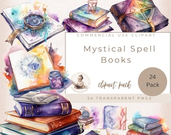 Paquete de imágenes prediseñadas de libros de hechizos místicos, libros de hechizos de acuarela, libros antiguos vintage, libros de hechizos de brujas, uso comercial, imágenes prediseñadas de libros fantásticos