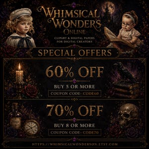 以下が含まれることがあります： Whimsical Wonders Onlineのデジタルアート広告。クリップアートとデジタルペーパーを提供しています。画像には子供、カラス、骸骨、ろうそくが描かれています。クーポンコードで60%と70%オフの特別オファーがあります。EtsyショップのURLが含まれています。