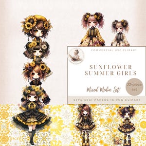 Sunflower Summer Girl, Invitation Elements & Digital Papers, Cute Flower Girl Illustrations, Summer Journal, Girl Clipart, Girl Planner,