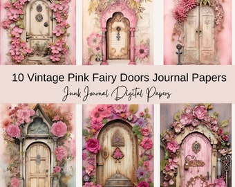 Rosa Shabby, Dörrar, Trädörrar Skräpjournal, Fédörr, Utskrivbara Skräpjournaldörrar, Digital Nedladdning, Vintage Blommig Fantasy Dörrar,