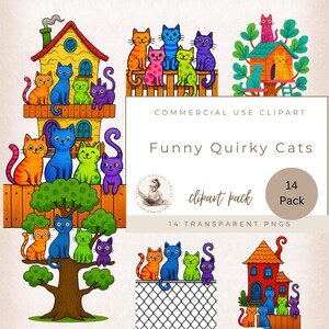 Images clipart chat original, chats dans une cabane dans les arbres, chats rigolos, clipart animaux de compagnie, clipart fantaisiste, images de scrapbooking, usage commercial, créations numériques