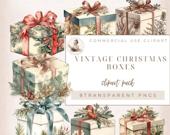 May include: Eight vintage Christmas gift boxes with floral and berry designs. The boxes are tied with red, blue, and green ribbons. The boxes are on a white background with the text "Vintage Christmas Boxes clipart pack 8 transparent PNGs" and "Commercial Use Clipart".