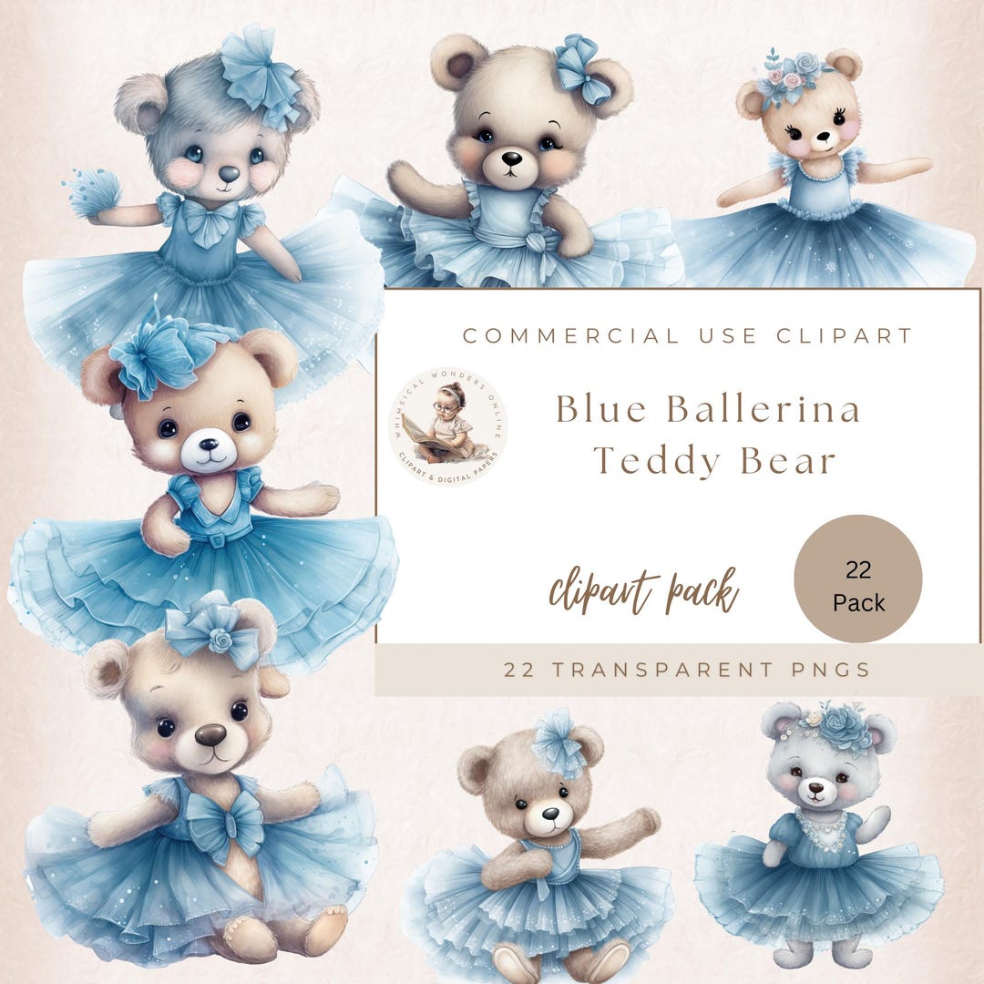 Ballerina Clipart, Cute Teddy Bear Clipart, Watercolor Blue Ballerina ...