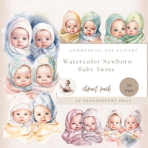 Clipart di gemelli appena nati, Baby shower per gemelli, Gemelli maschi, Gemelle femmine, Clipart di fratello e sorella, Rivelazione del sesso, Uso commerciale, Clipart ad acquerello