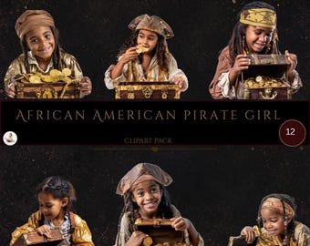 African American Clipart, Transparent PNG, Pirate Girl Graphics, Treasure Clipart, Fantasy Clipart, Girl of Color, Pirate Birthday Invite