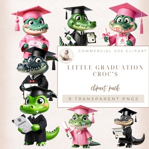 Schattige afstuderen kleine krokodil clipart, afstuderen clipart, Grad Croc graphics voor uitnodigingen, voorschoolse afstuderen, afgestudeerde