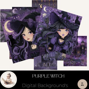 Purple Witch Digital Papers, Gothic Witchcraft Backgrounds, Halloween Scrapbook Pages, Magical Junk Journal Kit, Dark Fantasy Ephemera