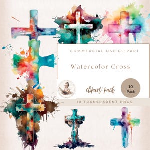 Watercolor Christian Cross Clipart Pack, Commercial Use, Transparent PNG, Religious Mixed Watercolor Crosses, Church Clipart, Digital Crafts