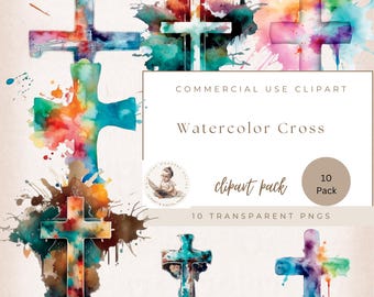 Watercolor Christian Cross Clipart Pack, Commercial Use, Transparent PNG, Religious Mixed Watercolor Crosses, Church Clipart, Digital Crafts