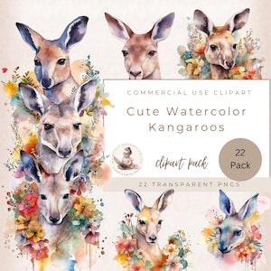 Kangaroo Watercolor Floral Clipart Bundle, Card Making, Scrapbook, Junk Journal, Paper Crafts, Stickers, Commercial Use, Instant Download