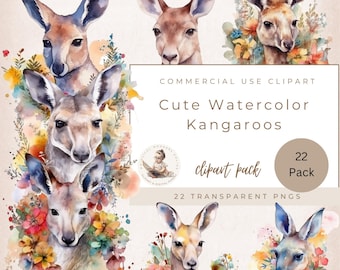 Kangaroo Watercolor Floral Clipart Bundle, Card Making, Scrapbook, Junk Journal, Paper Crafts, Stickers, Commercial Use, Instant Download