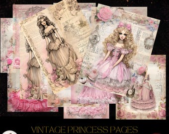 May include: A collection of digital junk journal pages featuring illustrations of figures in elaborate gowns, pink roses, and vintage script text. The designs incorporate soft pink and sepia tones with layered paper textures and musical notation elements.