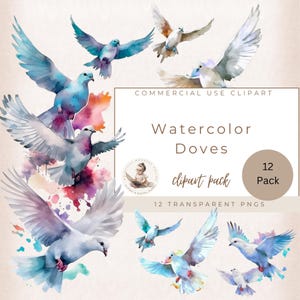 Watercolor Dove Flying Clip Art, Flying Doves, Digital Planner, Scrapbooking, Invitations, Baptism, Commercial Use - Digital Download