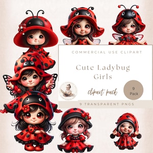 Ladybug Girl Clipart, Ladybug Clip Art, Love Bug Clipart, Cute Girl Clipart, Baby Shower Clipart, First Birthday, Commercial Use