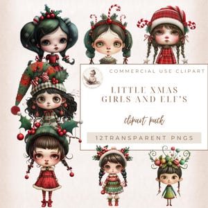 Clipart Noël filles, clipart lutin, PNG Transparent, personnages de contes de fées, journal indésirable festif, éphémères de Noël, clipart Noël