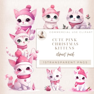 Cute Kittens Clipart, Christmas Pink Cats Clipart, Cat Lovers Gift, Watercolor Kitten Clipart, Pink Christmas, Commercial Use, Pink Xmas,