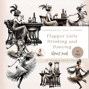 Flapper Girls 1920&#39;s, Vintage Women Clipart, Girl Dancing Sitting at A Bar, Commercial Use, Art Nouveau Clipart, 1920S Party, Digital Crafts