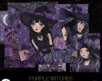 Purple Witch Digital Papers, Gothic Witchcraft Backgrounds, Halloween Scrapbook Pages, Magical Junk Journal Kit, Dark Fantasy Ephemera