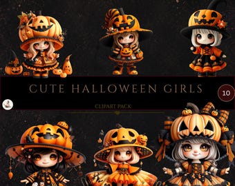 Cute Halloween Girls Clipart, Kawaii Pumpkin Witch PNG, Spooky Cute Halloween Clipart, Chibi Witch Girls, Commercial Use