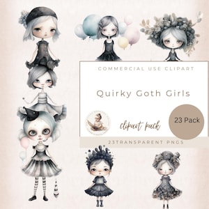 Filles gothiques originales, poupées originales, clipart fille gothique, art de conte de fées, clipart original, fille fantasque, usage commercial, clipart célébration