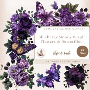 Paquete de imágenes prediseñadas de flores y mariposas de bayas moradas, PNG transparentes, ilustraciones de ramos de novia de rosas, imágenes prediseñadas florales de estilo gótico oscuro