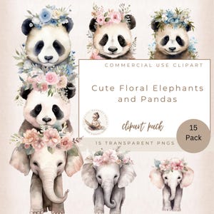 Cute Panda Clipart, Elephant Clipart, Baby Floral Panda, Baby Elephant, Panda Bear, Elephant Png, Commercial Use, Junk Journal, Card Making