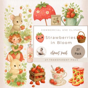 Fraises en fleurs, clipart lapin aux fraises, clipart fraise, arrosoir fraise clipart, fleurs de jardin rustique & baies PNG