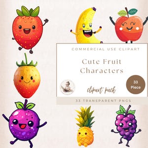 Cute Fruits Clipart, Cute Character Fruit Kawaii Graphics, Transparent Png, Watercolor Fruits Clipart, Summer Fruits Clipart, Cartoon Fruit