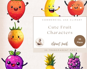 Cute Fruits Clipart, Cute Character Fruit Kawaii Graphics, Transparent Png, Watercolor Fruits Clipart, Summer Fruits Clipart, Cartoon Fruit