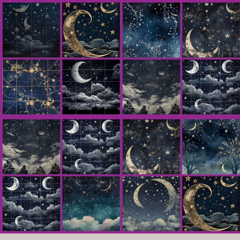 Celestial Starry Night Digital Paper, Seamless Zodiac Navy Watercolor ...