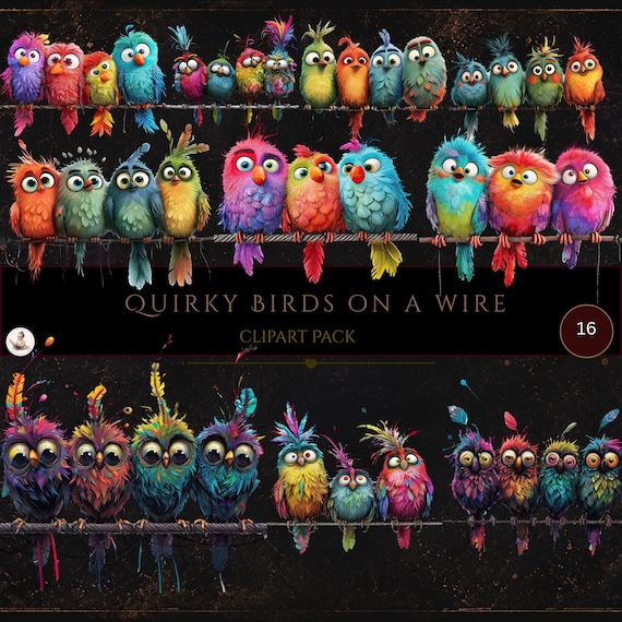 Quirky Bird Clip Art, Birds on A Wire, Funny Birds, Pets Clipart, Whimsical Clipart, Scrapbook Images, Commercial use, Digital Crafts