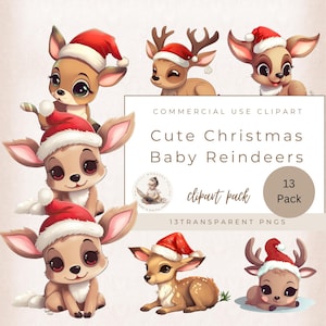 Cute Christmas Baby Reindeer, Kids Cute Christmas Clipart, Santa Hat, Cute Christmas Reindeer Png, Digital Paper Craft, Commercial Use