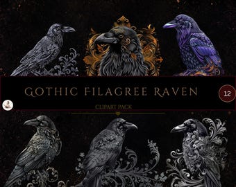 Imágenes prediseñadas de cuervo gótico PNG, imágenes prediseñadas de cuervo victoriano ornamentado, gráficos de cuervo de fantasía oscura, ilustración de pájaro negro, Halloween PNG