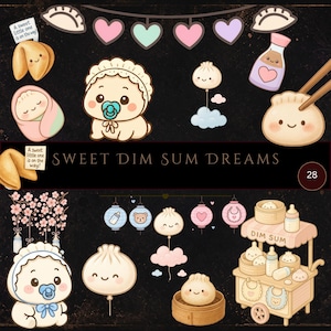 May include: A digital illustration with a black background features baby-themed dim sum elements. Includes a baby with a pacifier, dumplings, fortune cookies, and the text "Sweet Dim Sum Dreams". Decorative hearts and lanterns are also present.