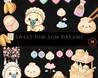 Little Dumpling Baby Shower Clipart, Kawaii Dumpling PNG Set, Cute Baby Shower Graphics, Bamboo Steamer, Fortune Cookie, Pink Blue Dumplings