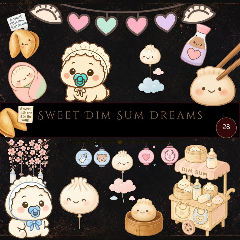 May include: A digital illustration with a black background features baby-themed dim sum elements. Includes a baby with a dummy, dumplings, fortune cookies, and the text "Sweet Dim Sum Dreams". Decorative hearts and lanterns are also present.