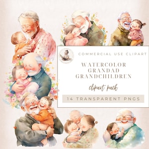 Aquarelles grands-pères et petits-enfants, grand-père étreignant petit-enfant, clipart famille, clipart senior, personnes âgées Png, usage commercial, amour