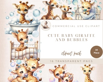 Cute Giraffe Clipart Bundle, Baby Giraffe PNG, Giraffe & Bubbles, Jungle Animals, Safari Nursery Decor, Baby Shower, Commercial Use