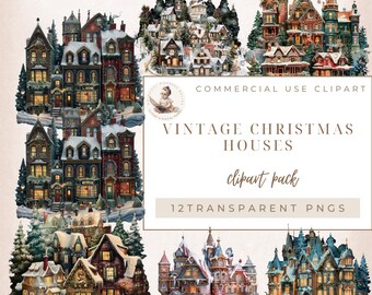 Vintage Christmas Houses, Festive Season Clipart, Holiday Season, Christmas Clipart, Winter Clipart, Commercial Use, Digital Crafts