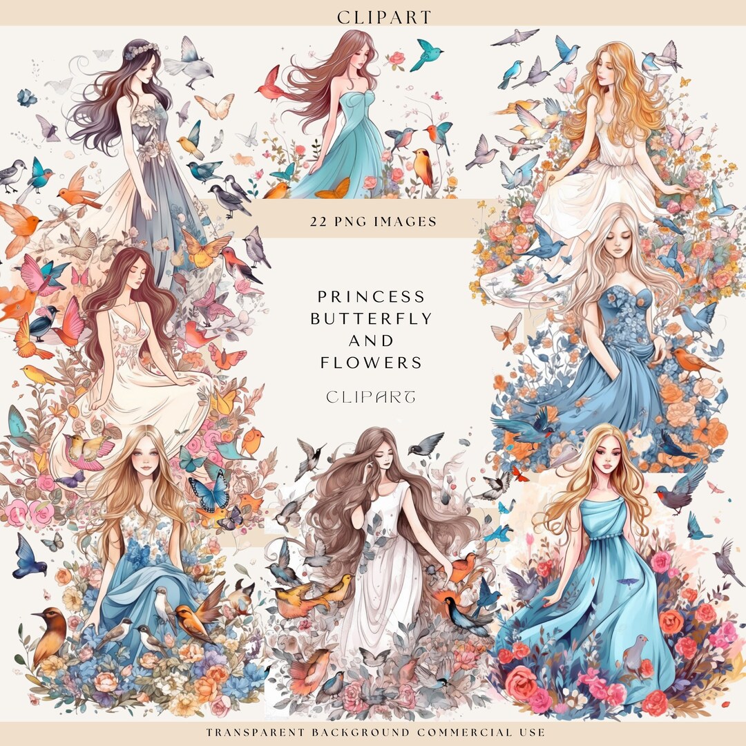 Princess Clipart, Princess & Flowers With Birds, Flower Clipart ...