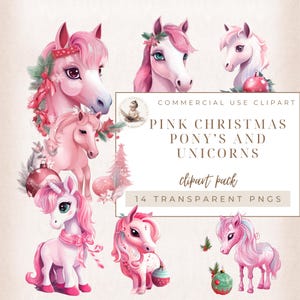 Cute Pony Clipart, Unicorn Clipart, Fantasy Pink Pony, Watercolor Pony Clipart, Pink Christmas, Commercial Use, Card Making, Nursery Decor