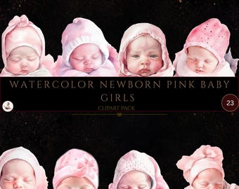 23 Baby Girl Watercolor Clipart, Newborn Baby, Baby Shower, Gender Reveal, Nursery PNG, Clipart Bundle, Commercial Use, Baby Girl Newborn