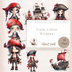 19 Cute Little Pirates Clipart, Pirate Girl Clipart, Pirate Boy Clipart, Pirate Ship Clipart, Children in Vintage Pirate Costumes