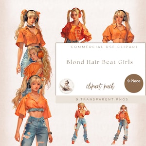 Watercolor Blond Hair Girl Clipart, Music Lover, Beat Girls Clipart, Girl wearing Headphoned, 80s Clipart, Ripped Jeans Girl, Commercial Use