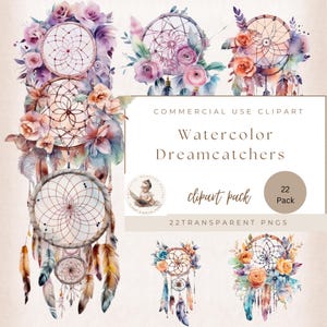 22 Akwarele Dreamcatchers' Clipart Bundle, Cyfrowe rzemiosło, Akwarele Clipart, Boho Clipart, Tribal Clipart, Dekoracje ścienne, Użytek komercyjny