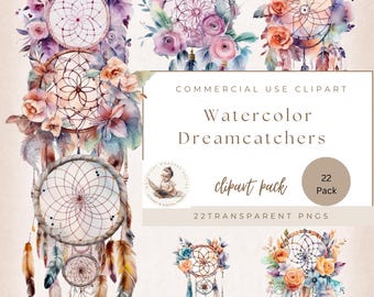 22 Watercolor Dreamcatchers' Clipart Bundle, Digital Crafts, Watercolor Clipart, Boho Clipart, Tribal Clipart, Wall Hangings, Commercial Use