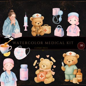 Watercolor Medical Clipart Bundle, Cute Doctors, Nurses & Teddy Bear Nurses, Kids Clip Art Set, Pediatric Healthcare PNG, Mega Bundle