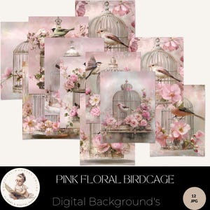 Rosa Blumen-Vogelkäfig-Papiere, digitale Hochzeitspapiere, Hochzeit-Junk-Journal, Vogel- und Vogelkäfig-Hintergründe, kommerzielle Nutzung, Vogelkäfig-Blumen